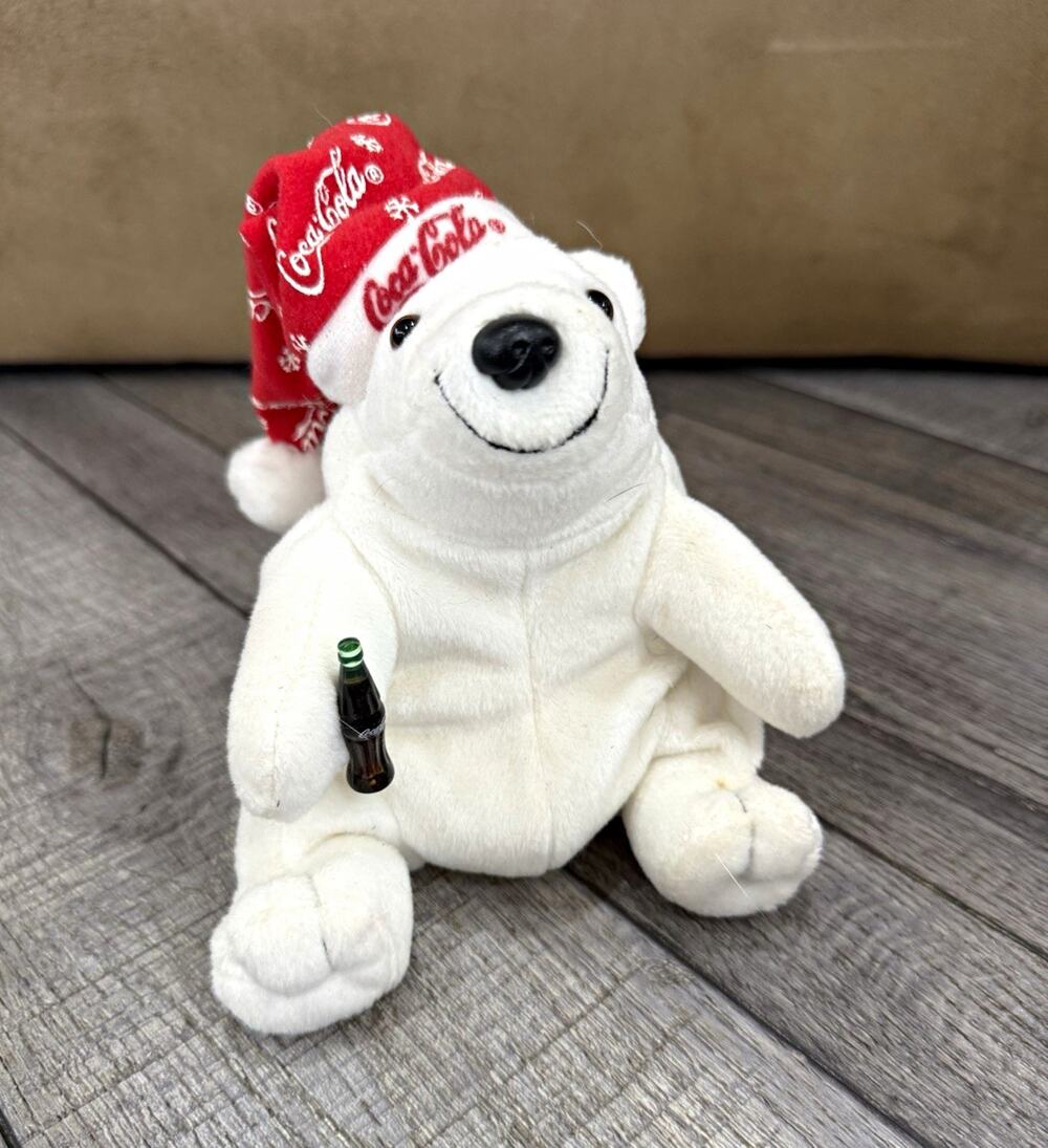 Coca-Cola Polar Bear Plush w/ Red Coca-Cola Hat & Bottle 1998 Soda Theme